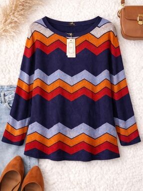 Chevron Stripe Long-Sleeve Tee in Navy, Orange & Red